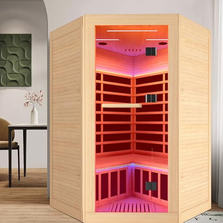 Indoor Sauna Two Person Far Infrared Saunas for Home 1 - 3 Person Wood Sauna Canadian Hemlock 2180W/110V Low EMF Dry Sauna Room with Oxygen Bar/7 Color Therapy/9 Heating Plates/Control Panel/Speaker HOSAUNA