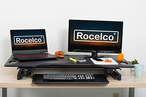 Rocelco 46" Large Height Adjustable Standing Desk Converter - Quick Sit Stand Up Triple Monitor Riser - Tall Gas Spring Assist Computer Workstation - Retractable Keyboard Tray - Black (R DADRB-46) Rocelco