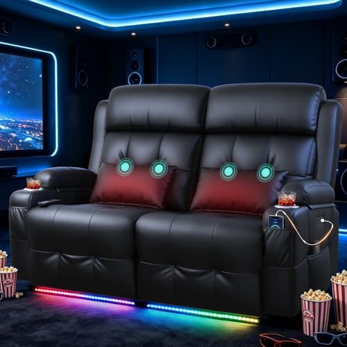 Aotolo Power Reclining Loveseat with Massage & Heat,Wall Hugger Loveseat Recliner with LED Lights,USB & Type-C Ports, Ideal for RV, Home Theater and Living Room,Black,2 Seats