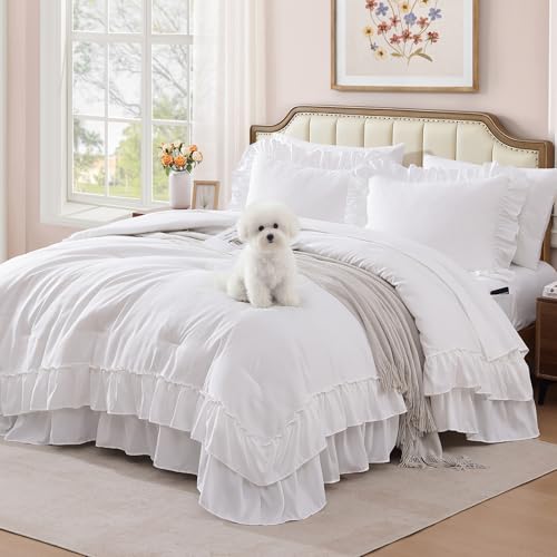 AMBERSPACE Queen Comforter Set White, Ruffle Shabby Chic Bedding Set Farmhouse 7 Pieces, All Season Fluffy Bed in a Bag with Sheets, Pillowcases & Shams AMBERSPACE