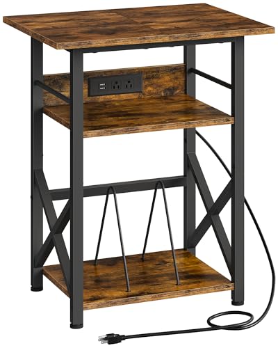 CHOEZON Record Player Stand with Power Outlet, Vinyl Record Storage Side Table, 19" Large Tabletop, Charging Station & Crossed Frame Design for Turntable, Rustic Brown and Black TBZ48UBF CHOEZON