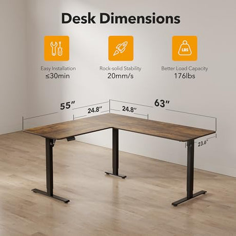 CubiCubi L Shaped Standing Desk 63 x 55 Inch Adjustable Height, Electric Corner Desk, Sit Stand Home Office Desk with Splice Board, Rustic Brown CubiCubi