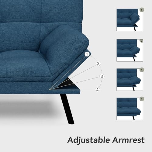AMICLIBER Convertible Futon Sofa Bed,Blue Linen Modern Futon Couch,Memory Foam Loveseat Sleeper Recliner,Detachable Cushion,Adjustable Backrest & Armrest,Couches for Living Room,Office,Apartment AMICLIBER