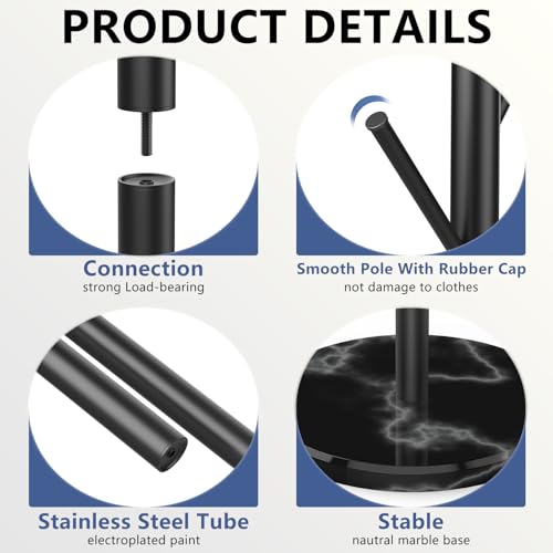 Durmmur Heavy Duty Coat Rack with Natural Marble Base, Freestanding Metal Coat Stand with 8 Hooks, Modern Stable Coat Hanger Tree for Bags, Jacket, Clothes, and Hats, Black Metal Durmmur