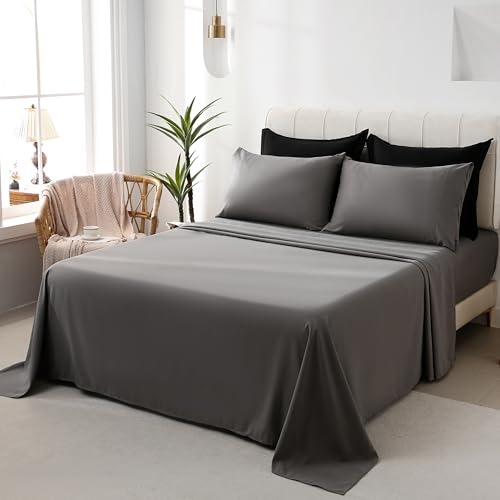 DOWNCOOL Full Size Comforter Sets, 7Pcs Full Size Bedding Sets Black/Grey, All Season Down Alternative Bedding Comforter Sets with Comforter, Flat Sheet, Fitted Sheet, 2 Pillow Shams & 2 Pillowcases DOWNCOOL