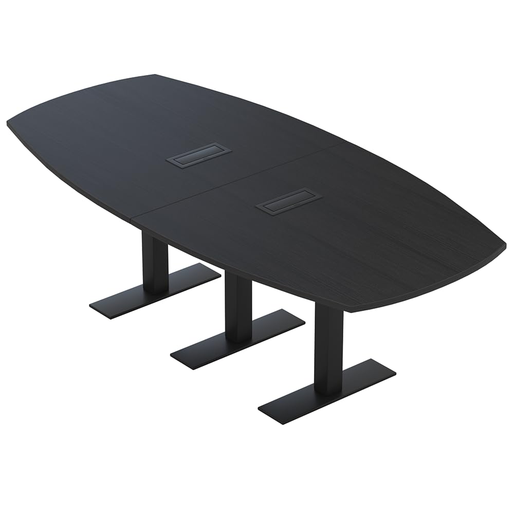 SKUTCHI DESIGNS INC. 8 Person Arc-Boat Meeting Room Table with Metal T Legs | 2 Power and Data Modules | Harmony Series | 8' Conference Table | Black Cypress with Matte Black Base - WoodArtSupply