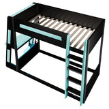 Twin Over Twin Gaming Bunk Bed with Desk and USB and LED Light, Twin Size Wooden Loft Bed Frame with Storage Shelves, Ladder, for Kids Boys Teens Adults, Space Saving (Black+Blue) Harper & Bright Designs