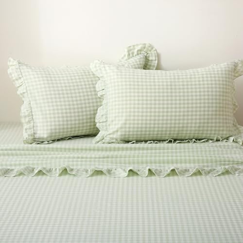 K MASANIJI Pile Green White Plaid Ruffle Gingham Sheets Full Size 4-Piece Set, 300TC 100% Yarn Dyed Cotton Sheets 18 in Deep Pocket Kids Preppy Decorative Bedding (Pile Green/White Plaid, Full) K MASANIJI