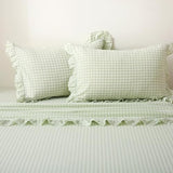K MASANIJI Pile Green White Plaid Ruffle Gingham Sheets Full Size 4-Piece Set, 300TC 100% Yarn Dyed Cotton Sheets 18 in Deep Pocket Kids Preppy Decorative Bedding (Pile Green/White Plaid, Full) K MASANIJI