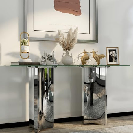 Asday Silver and Glass Console Table, 60 Inch Sofa Table, Silver Rectangle Entryway Table with Polished Mirror Base for Living Room, Hallway Asday