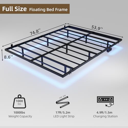 Muluflower Floating Bed Frame Full Size with Charging Station and LED Lights, Metal Platform Bed Frame, No Box Spring Needed, Easy Assembly, (Full) Muluflower
