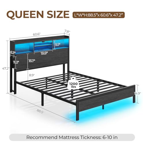Rolanstar Queen Bed Frame with Storage Headboard & Side Shelf, Metal Platform Bed with Charging Station, LED Bed Frame, Easy Assembly, Noise-Free, Black Rolanstar