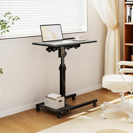 Furist Overbed Table with Wheels Adjustable Height, Mobile Standing Stand Up Rolling Laptop PC Desks with Tilting Top Height Tray Side Computer Workstation for Bedroom on Hospital Home Use, Black Furist