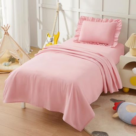 KKJIAF 3 Piece Toddler Sheet Set Microfiber, Includes a Flat Sheet, a Fitted Sheet and a Ruffle Pillowcase, Light Pink KKJIAF