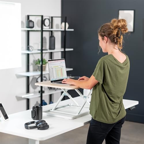 VIVO Ultra-Slim Single Top Height Adjustable Standing Desk Riser, Compact Sit Stand Desktop Converter for Monitor or Laptop, Light Wood, DESK-V001JF VIVO