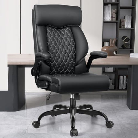 High Back Executive Office Chair - Ergonomic Computer Desk with Rocking Function, Leather Managerial with Adjustable Flip-Up Armrests and Lumbar Support BestGlory