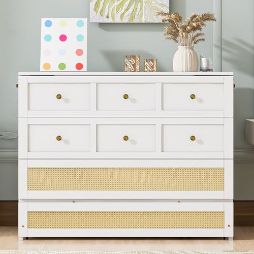 Ball & Cast Murphy Bed Full Size Bed Frame with Large Drawers,Rattan Wood Bed w/Slat Support & No Box Spring Needed,Space Saving,for Small Room,White Ball & Cast