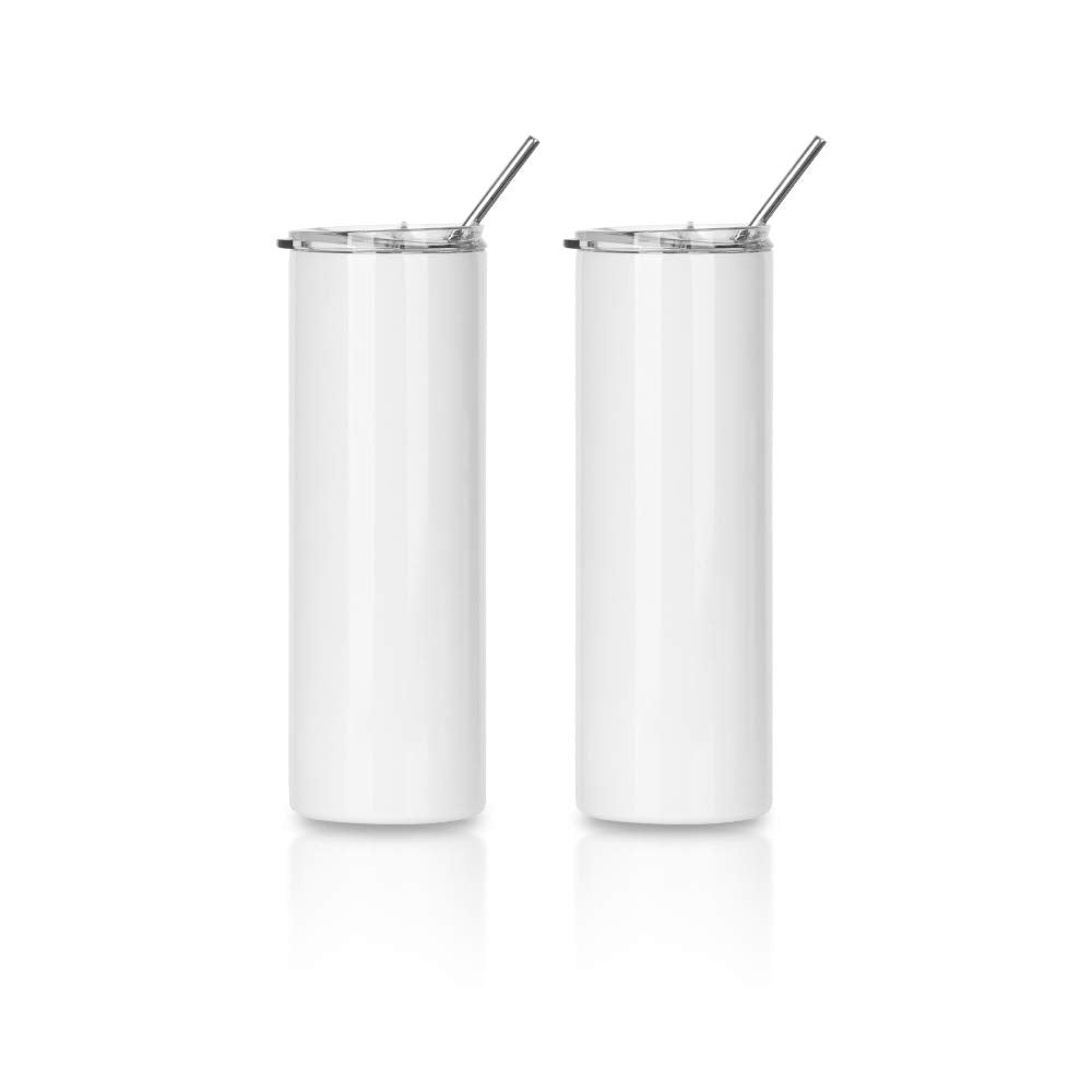 PYD Life 2 PCS Sublimation Blanks Skinny Tumbler White 20 OZ Straight Double Wall Stainless Steel Tumbler with Metal Straw Tumbler Cups for Tumbler Heat Press Machine Heat Transfer PYD Life