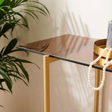 AGV 202401 2-Tier Glass Wood Console Table, Mid-Century Modern Style, Perfect for Living Room, Entryway, Foyer, D41×H31.5, Amber Glass Top & Walnut Wood Top & Gold Finish Metal Frame AGV LIGHTING