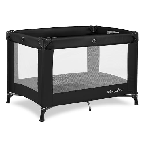 Dream On Me Nest Portable Playard in Black with Carrybag an Shoulder Strap, Lightweight, Packable and Easy Setup Baby Playard, Breathable Mesh Sides and Soft Fabric - Comes with a Removable Padded Mat
