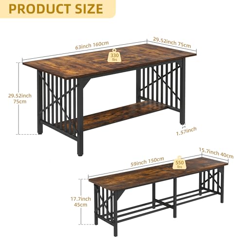 DWVO 3-Piece Dining Table Set for 4-6 People, 63" Dining Room Table with 2 Benches, Industrial Rectangular Dining Room Table Set with Storage for Kitchen, Dining Room, Rustic Brown - WoodArtSupply