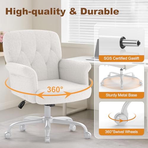Keratee Teddy Fleece Office Chair, Comfy Home Office Desk Chair with Adjustable Height & 360° Swivel, Ergonomic Computer Chair for Long Hours, Multi-Functional Vanity/Makeup Chair, White Keratee
