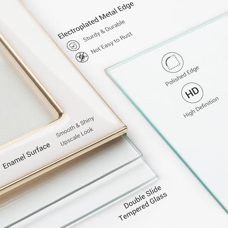 Axeman 8x10 Gold Floating Frame White Enamel Picture Frame with Metal Edge for 6x8, 5x7 up to 8x10 Photo Double Glass Floating Picture Frame for Desk Tabletop Shelf Vertical Display Axeman