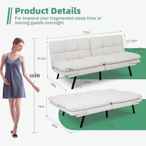 Opoiar 71" L Covertible Futon Sofa Bed,Faux Leather Futon Couch, Memory Foam Modern Loveseat Sleeper, Small Splitback Sofa Couches for Living Room,RV,Home Office,Apartment,White Opoiar