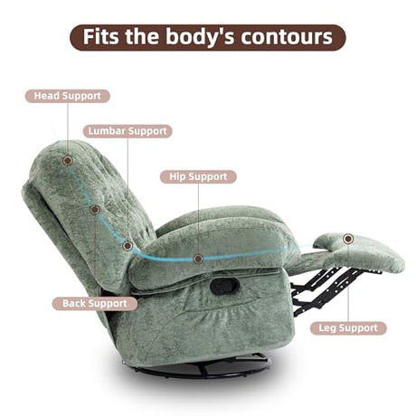 AISALL Recliner Chair for Adults, 360° Swivel Manual Recliner with Side Pocket, Nursery Rocking Chair with Comfortable Chenille Arms and Back for Living Room, Bedroom, Reading (Green) AISALL