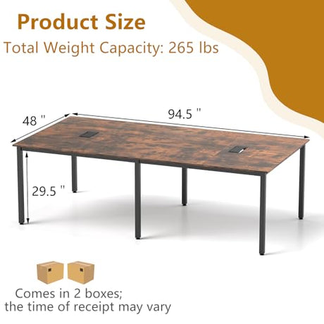 Nightcore Rectangle Conference Table for 10, 8 ft Large Seminar Table with 2 Cable Grommets, Modern Industrial Office Computer Desk with Metal Legs for Boardroom, Meeting Room, Brown Goplus