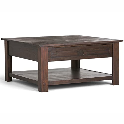 SIMPLIHOME Monroe SOLID ACACIA WOOD 38 Inch Wide Square Rustic Coffee Table in Distressed Charcoal Brown, For the Living Room and Family Room - WoodArtSupply