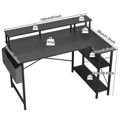 TIQLAB Gaming Desk with Power Outlets and LED Lights, 47 Inch L Shaped Computer Desk with Monitor Stand and Storage Shelves, Corner Desk Small Computer Table Desk for Home Office, Carbon Fibe - WoodArtSupply