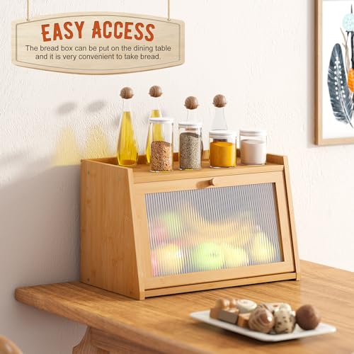 GHWIE Large Bread Box, Easy Access & Cleaning - Bamboo Bread Box for Kitchen Countertop with Acrylic Door,Natural GHWIE