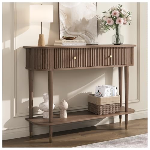 JOINICE 43" Entryway Table with Drawers,Fluted Console Table with Storage Shelf,Narrow Sofa Table for Living Room,Hallway,Foyer,Walnut JOINICE