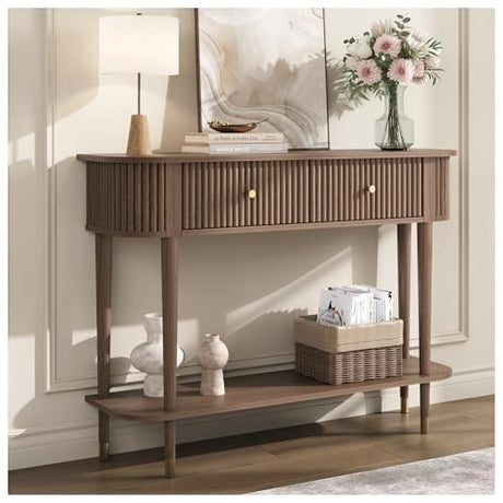 JOINICE 43" Entryway Table with Drawers,Fluted Console Table with Storage Shelf,Narrow Sofa Table for Living Room,Hallway,Foyer,Walnut JOINICE