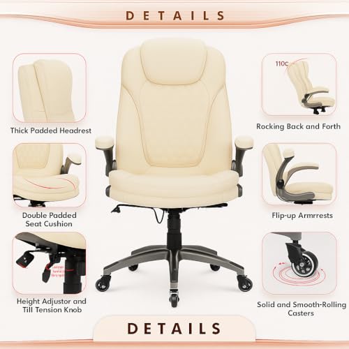 COLAMY Ergonomic High Back Office Chair, Ivory Bonded Leather Executive Desk Chair with Flip-up Arms, Thick Cushion, Silent Nylon Wheels, Adjustable Height & Rocking Function, 300lbs Capacity COLAMY