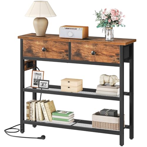 HOOBRO 29.5" Narrow Console Table with Power Outlet, Small Entryway Table with 2 Fabric Drawers, Behind Couch Table Sofa, 3-Tier Storage Shelves, for Living Room, Hallway, Rustic Brown BF72UXG01 HOOBRO