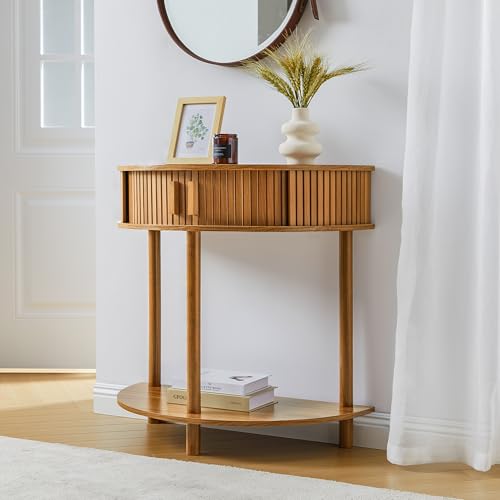 Entryway Table, Half Moon Fluted Console Tables with Storage, Mid Century Modern Small Half Round Sofa Tables for Hallway, Narrow Curved Accent Decor Table for Living Room (Mid-Century Modern, Walnut) Janmer Home