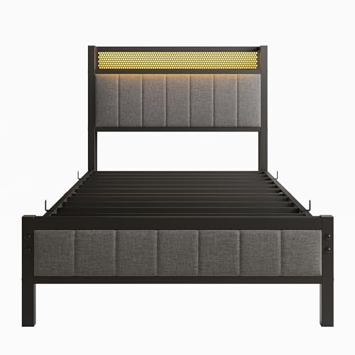 Twin Bed Frame with Charging Station and LED Lights,Upholstered Headboard with Storage Shelves,Metal Single Platform Bed Frame Twin Size with Strong Metal Slats Support No Box Spring Needed,Noise Free BOFENG