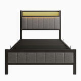 Twin Bed Frame with Charging Station and LED Lights,Upholstered Headboard with Storage Shelves,Metal Single Platform Bed Frame Twin Size with Strong Metal Slats Support No Box Spring Needed,Noise Free BOFENG