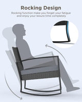 Qsun 3 Pieces Patio Furniture Set Rocking Bistro Set Outdoor Rattan Conversation with Coffee Table for Garden Balcony Backyard Poolside (Grey Cushion) Qsun