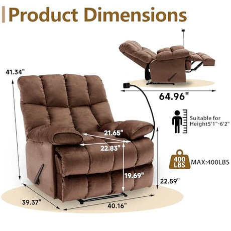 Cooexult Oversized Recliner Chair for Living Room, Extra Wide Manual Recliner for Big Man, Soft Velvet Fabric Recliner Sofa with Phone Holder for Living Room, Bedroom and Home Theater, Brown Cooexult