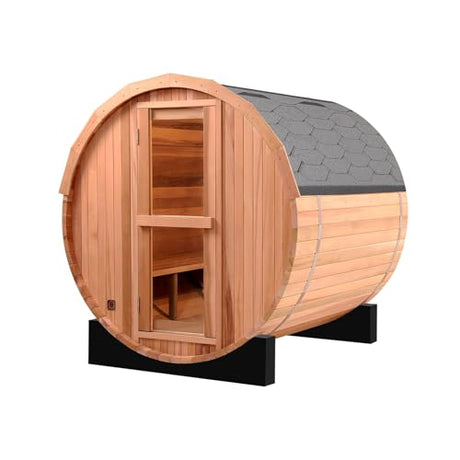 Outdoor Barrel Steam Sauna, 3-4 Person Canadian Red ceda Wood Sauna Room, 4.5KWHarvia Electric Heater, Asphalt Shingle Roof TaTalife
