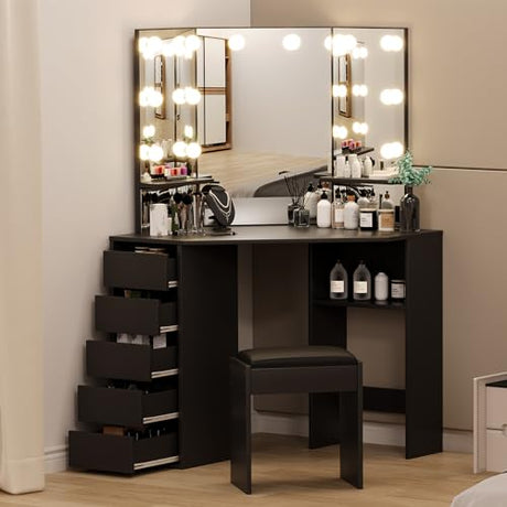 Garvee Corner Vanity Desk and Bench, Makeup Vanity Table with 3-Folding Lighted Mirrors, Charging Station, 5 Drawers for Bedroom Garvee