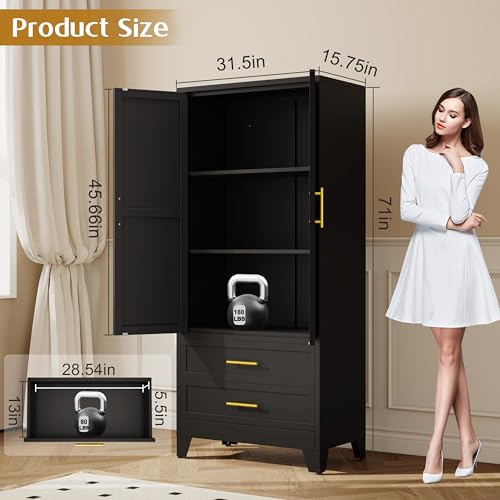 GAIOUS Steel Pantry Cabinet, 71" Metal Storage Cabinets with 2 Doors, 2 Adjustable Shelf and 2 Drawers, Freestanding Storage Cabinet for Bedroom, Kitchen, Home Office (Black) GAIOUS