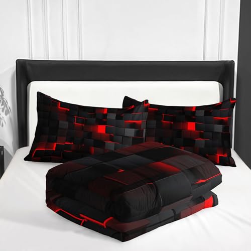 Nttopship Neon Red Black Comforter Set Twin Geometric Kids Bedding Set,3 PCS Geometry Honeycomb Bed Set Modern Quilt Set 1 Comforter 2 Pillow Cases Cool Room Decor All Season B-Side Black Nttopship