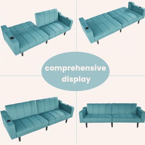Chfeloai 80" Velvet Futon Sofa Bed, Convertible Sleeper Loveseat with Cup Holders & Storage Pockets, Mid Century Modern Couch for Living Room, Bedroom, Office, Small Space (Teal Blue) Chfeloai