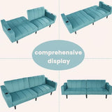 Chfeloai 80" Velvet Futon Sofa Bed, Convertible Sleeper Loveseat with Cup Holders & Storage Pockets, Mid Century Modern Couch for Living Room, Bedroom, Office, Small Space (Teal Blue) Chfeloai