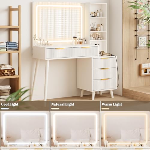 Vanity Desk with Mirror and Lights, Makeup Vanity Desk with Power Outlet, Makeup Desk with 5 Drawers&Storage Shelves, Vanity Table 3 Color Modes Adjustable Brightness Dressing Table Set for Bedroom INNOD
