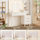 Vanity Desk with Mirror and Lights, Makeup Vanity Desk with Power Outlet, Makeup Desk with 5 Drawers&Storage Shelves, Vanity Table 3 Color Modes Adjustable Brightness Dressing Table Set for Bedroom INNOD